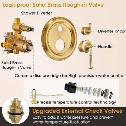 Rainfall Shower Head with Handheld Combo, Brushed Gold Shower System with Balance Pressure Valve, 9 inch Shower Head and Faucet Set, Rain Shower Head with Handheld Spray Wall Mount(B2312-BG)