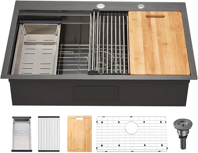 33x22 Black Drop In Kitchen Sink, 33 Inch Topmount Gunmetal Black Stainless Steel Single Bowl Overmount Double Ledges Workstation Sink with Accessories