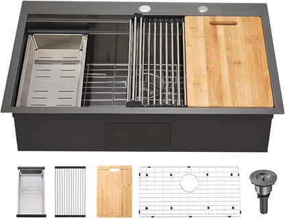 33x22 Black Drop In Kitchen Sink, 33 Inch Topmount Gunmetal Black Stainless Steel Single Bowl Overmount Double Ledges Workstation Sink with Accessories