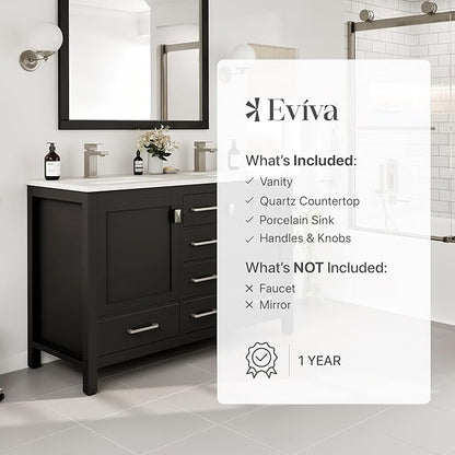 Eviva London 48 x 18 inch Espresso Transitional Double Sink Bathroom Vanity with White Carrara Quartz Countertop and Undermount Porcelain Sinks