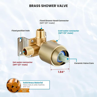 gotonovo Shower Faucet Set with Valve 6 Mode Rain Head Brushed Gold | Bathroom Shower Head and Handle Set Complete Combo,6 Mode Multi 6’’ ABS Rainfall Showerhead,Brass Valve Trim Kit,Wall Mount