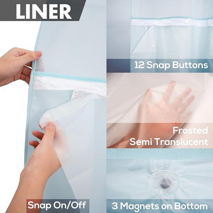 River Dream No Hook Shower Curtain with Snap-in Liner Set, Blue, 71x74 | Snap on/off Waterproof PEVA Liner, See Through Top Window, Slub Textured, Hotel Style Shower Curtain Set, Standard Size