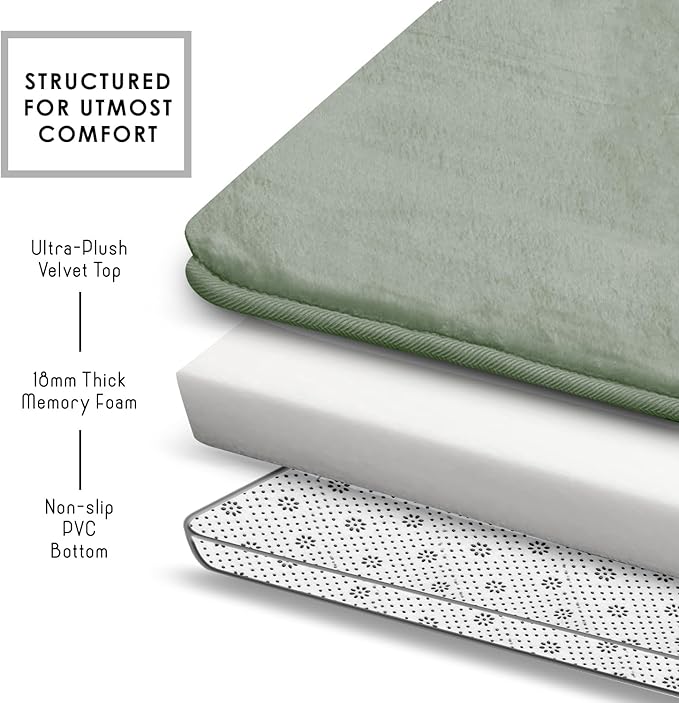 Clara Clark 3 Piece Bathroom Rugs, Velvet Memory Foam Bath Mat Set, Non-Slip Bath Rugs, Machine Wash, Dries Quickly, Ultra Soft Plush Bath Mats for Bathroom, 17 x 24/20 x 32 / Contour, Ice Green
