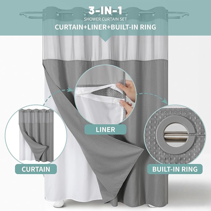 eachope No Hook Waffle Shower Curtain with Snap-in Liner, 71x80 Inch, Grey | 230 GSM waffle weave fabric, waterproof liner set with 2 bottom magnets, mesh top window, washable, for bathroom or hotel use