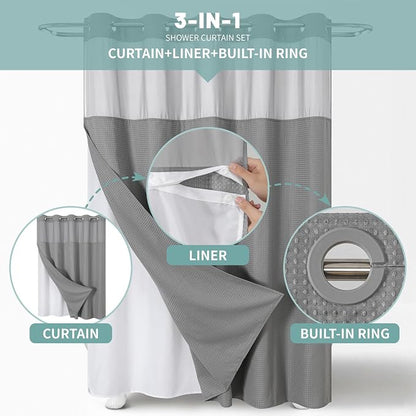 eachope No Hook Waffle Shower Curtain with Snap-in Liner, 71x80 Inch, Grey | 230 GSM waffle weave fabric, waterproof liner set with 2 bottom magnets, mesh top window, washable, for bathroom or hotel use