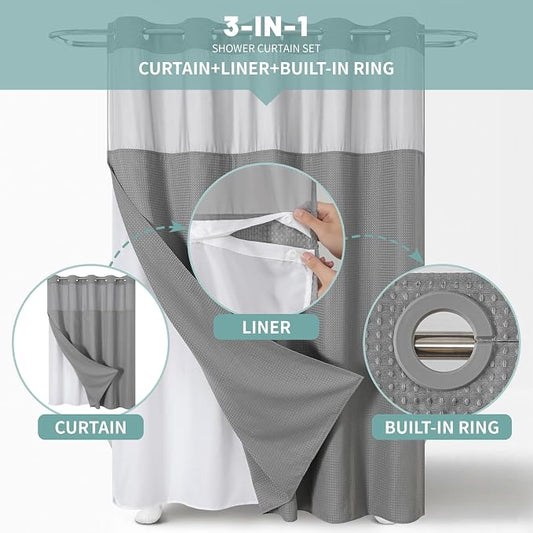 eachope No Hook Waffle Shower Curtain with Snap-in Liner, 71x80 Inch, Grey | 230 GSM waffle weave fabric, waterproof liner set with 2 bottom magnets, mesh top window, washable, for bathroom or hotel use