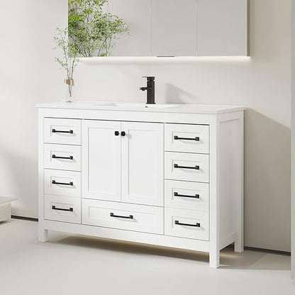 eclife 48" Bathroom Vanities with Sink Combo, Modern Thickened Wood Bathroom Storage Cabinet w/Undermount Single Sink, Matte Black Faucet Drain, Painted Surface, White