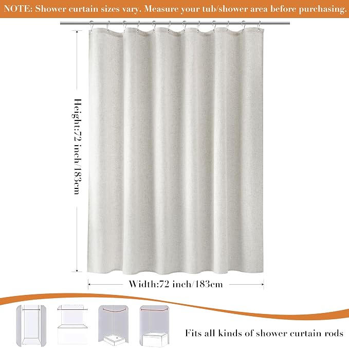 Linen Shower Curtain for Bathroom 72x72 Inch 1 Panel Boho Color | Weighted Fabric Shower Curtains with Hooks, Water Repellent, Neutral Rustic Boho Farmhouse, Simple Luxury Bath Curtain Decor