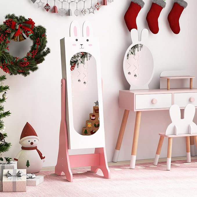 CHARMAID Kids Mirror Jewelry Cabinet - 45" Standing Jewelry Armoire with Full Length Mirror, Bunny Shaped Vanity Dressing Mirror for Girls, Kids Jewelry Organizer with Storage Drawers (White)