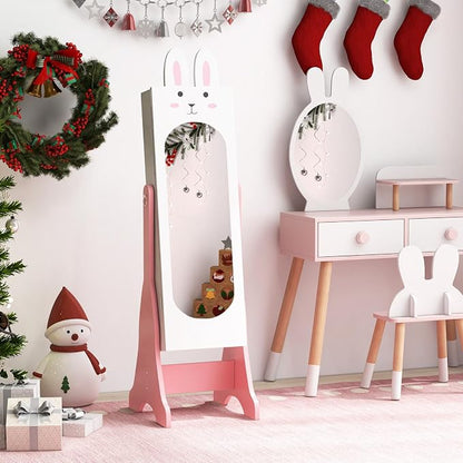 CHARMAID Kids Mirror Jewelry Cabinet - 45" Standing Jewelry Armoire with Full Length Mirror, Bunny Shaped Vanity Dressing Mirror for Girls, Kids Jewelry Organizer with Storage Drawers (White)