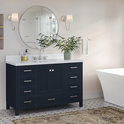 ARIEL Cambridge 54-inch Bathroom Vanity with Sink,Solid Wood, 1.5-inch Pure White Quartz Countertop, Single Rectangular Porcelain Sink, 2 Soft Closing Doors, 9 Dovetail Drawers, Midnight Blue