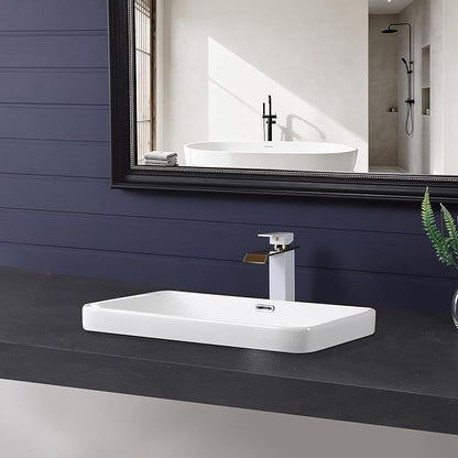 Vessel Sink 23"x16" Semi Recessed Bathroom Sink Drop-in White Bathroom Sink Porcelain Ceramic Modern Rectangular Sinks Drop-in Vanity Sinks with Overflow for Bathrooms