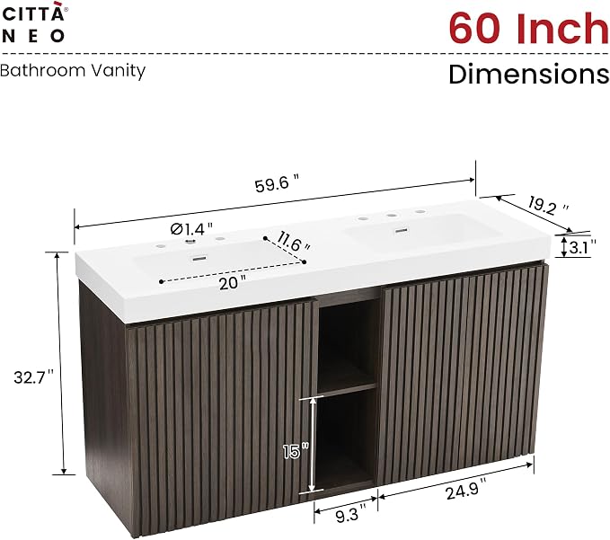 60 Inch Bathroom Vanity with Double Sink, Freestanding Double Sink Bathroom Vanity with White Engineered Stone Top, Open Storage Cabinet & Adjustable Shelf, Smoked Oak Brown (3 Holes)