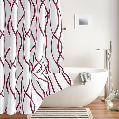 Fabric Modern Extra Long Shower Curtains for Bathroom-Burgundy and White | 72"W x 84"L Textured Faux Linen Luxury Hotel Quality Washable-Abstract Wavy Cloth Bath Curtain-Apartment Minimalist Decor