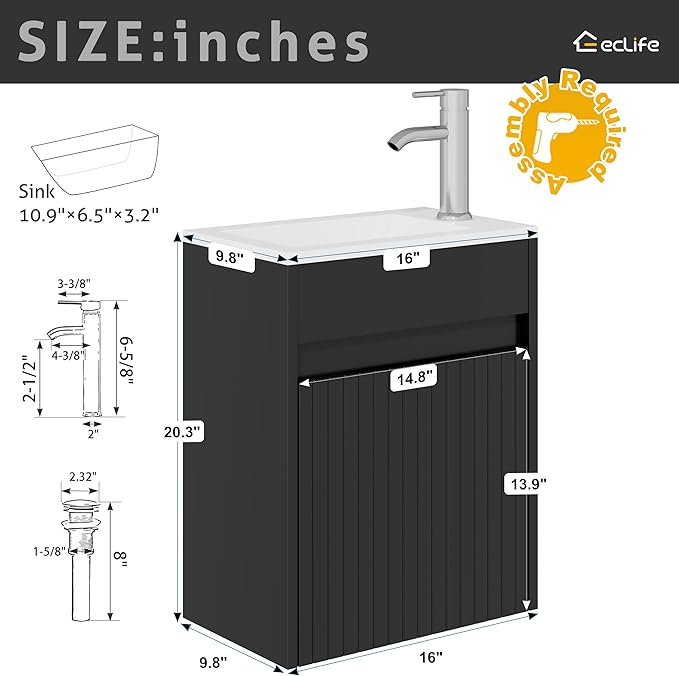 eclife 16" Small Bathroom Vanity Sink Combo, Modern Painted Wall Mounted Floating Cabinet W/Decoration Lines, Resin Basin Sink Top, Chrome Water Save Faucet & Pop Up Drain (Piano Black)