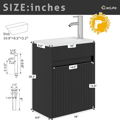 eclife 16" Small Bathroom Vanity Sink Combo, Modern Painted Wall Mounted Floating Cabinet W/Decoration Lines, Resin Basin Sink Top, Chrome Water Save Faucet & Pop Up Drain (Piano Black)