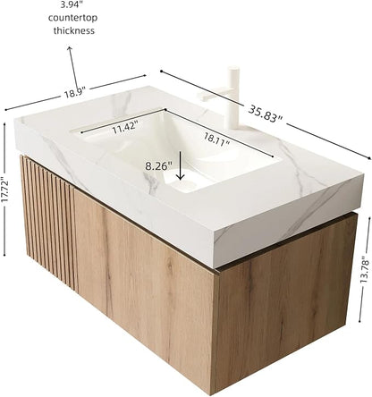 KEIKI 36 Inch Floating Bathroom Vanity with Sink, White Oak & White | Modern Wall Mounted Storage Cabinet w/ Drawer & Door, Pre-assembled Wood Panels, Sintered Stone Top & Ceramic Basin Combo Set