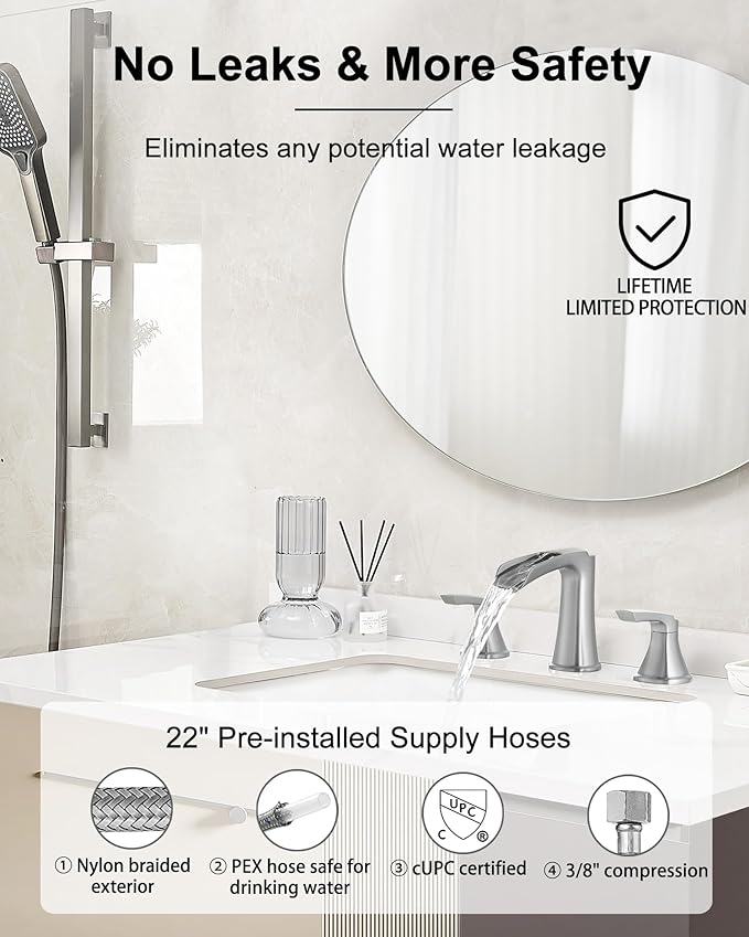 Brushed Nickel Bathroom Faucets, Brass Widespread Waterfall Faucet for Bathroom Sink, 3 Hole Bathroom Sink Faucet, 8 Inch 2 Handle Bathroom Vanity Faucets with Pop-up Drain for Lavatory RV