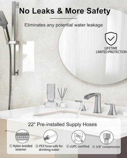 Brushed Nickel Bathroom Faucets, Brass Widespread Waterfall Faucet for Bathroom Sink, 3 Hole Bathroom Sink Faucet, 8 Inch 2 Handle Bathroom Vanity Faucets with Pop-up Drain for Lavatory RV