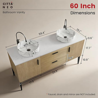 60" Bathroom Vanity with Double Carrara Sink, Wall-Mounted, Oak | Fluted Double Ceramic Vessel Sink Bathroom Vanity with Soft-Closing Drawers & Doors, Engineered Stone Countertop