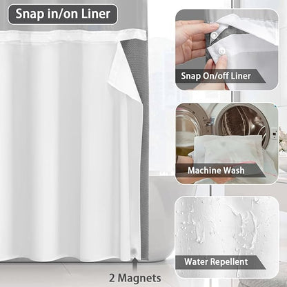 No Hook Shower Curtain with Liner Set Hotel Waffle Curtain Grey 78W X 75L | Washable Snap in Fabric Liner, Mesh Top Window, Waffle Hotel Style Shower Curtain Set