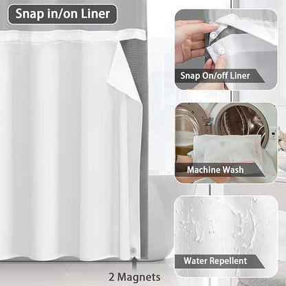 No Hook Shower Curtain and Liner Set,Grey Hotel Waffle Shower Curtain with Liner 75" L x 60" W