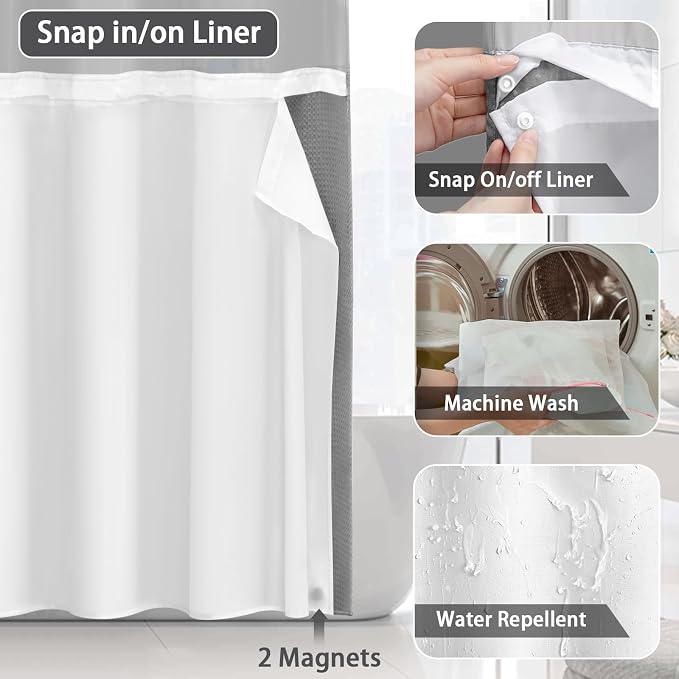 No Hook Shower Curtain with Liner Set Hotel Waffle Curtain Grey 72W X 87L | Washable Snap in Fabric Liner, Mesh Top Window, Waffle Hotel Style Shower Curtain Set