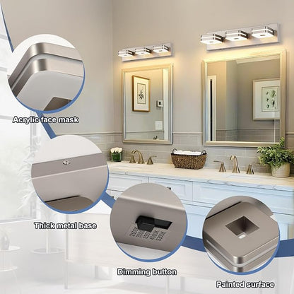 3 Light Bathroom Vanity Light, Brushed Nickel Vanity Light Fixture Over Mirror, Dimmable 5CCT LED, Modern Wall Sconce for Bathroom, Farmhouse Vanity Lights for Mirror, Indoor Use