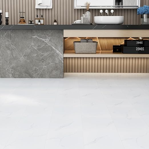 Peel and Stick Vinyl Floor Tiles | White Marble | 30 Tiles | Waterproof / DIY installation / Kitchen / Bathroom /RV /Living Room /Lobby /2.8m2