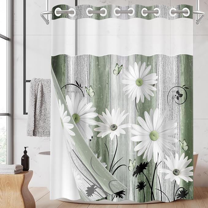 No Hook Shower Curtain with Snap in Liner 71x74 Inch Daisy Green | Farmhouse Rustic Butterfly Modern Double Layers Waterproof Fabric with See Through Top Window Open Grommet Bath Curtain
