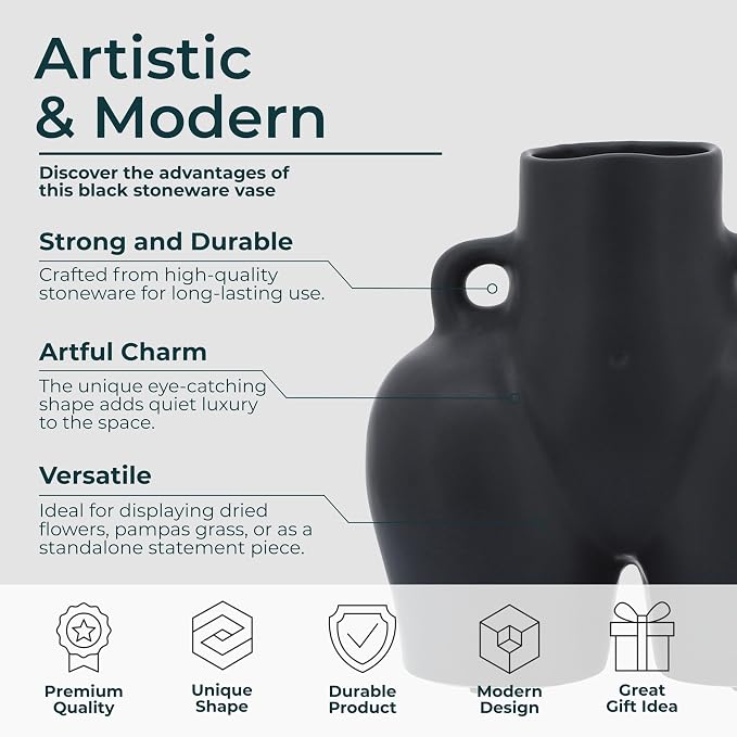 Decorative Half Body Ceramic Vase for Living Room Decor and Home Accents - Perfect for House and Table Decor Displays - Modern Flower Vase for Room, Bedroom, or Office Decor - 8", Black