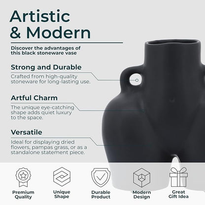 Decorative Half Body Ceramic Vase for Living Room Decor and Home Accents - Perfect for House and Table Decor Displays - Modern Flower Vase for Room, Bedroom, or Office Decor - 8", Black