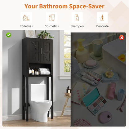 GarveeHome Over the Toilet Cabinet, Double Door Bathroom Storage Organizer, Toilet Rack with Open Storage Shelf, FreeStanding Toilet Shelf Space Saver, for Bathroom, Restroom, Laundry