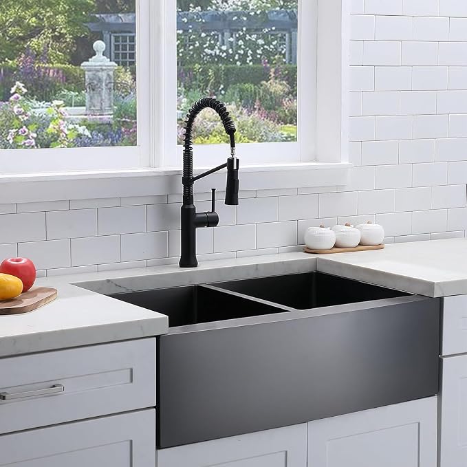 33 Inch Black Double Bowl Divided 50/50 Farmhouse Sink, 33x21 Gunmetal Black Stainless Steel Undermount Apron Front Farm Kitchen Sink