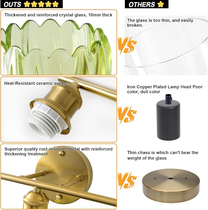 Bathroom Light Fixtures, 5-Light Brushed Gold Vanity Lights for Bathroom with Green Tulip Glass Shade, 30" Vintage Bathroom Vanity Lighting Fixtures Over Mirror for Bedroom Living Room Hallway