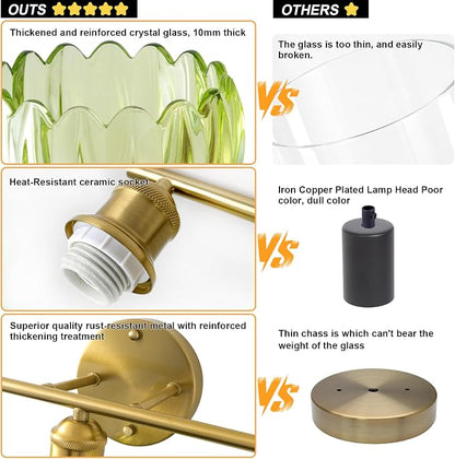 Bathroom Light Fixtures, 5-Light Brushed Gold Vanity Lights for Bathroom with Green Tulip Glass Shade, 30" Vintage Bathroom Vanity Lighting Fixtures Over Mirror for Bedroom Living Room Hallway