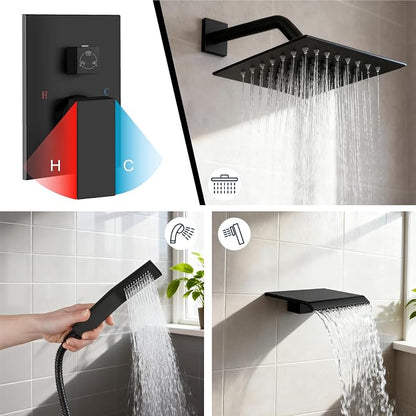 Midanya Shower System with Tub Spout,8 Inch Shower Head,Matte Black | with Valve & Trim Kit,Square Rain Head,Handheld Sprayer,Waterfall Spout,All Metal Wall Mount Bathroom Shower Tub Faucet Set