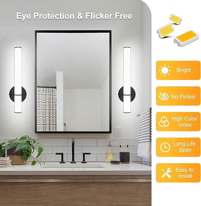 OOWOLF 17.3 Inch LED Vanity Light, 12W 1200LM 5000K Daylight Dimmable Bathroom Light Vertical or Horizontal, Modern Bathroom Led Wall Sconces, Energy Saving, for Mirror Bedroom Living Room Hallway