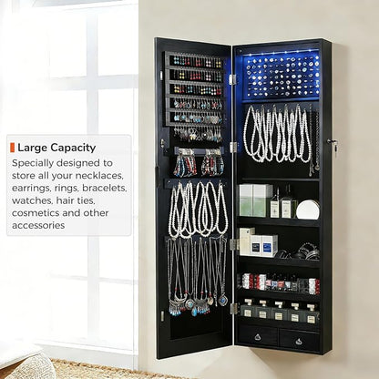 GISSAR Full Length Mirror Jewelry Cabinet, 6 LEDs Jewelry Armoire Wall Mounted Over The Door Hanging, Jewelry Organizer Storage with Lights Lockable, Black, 14.6" x 47.2"