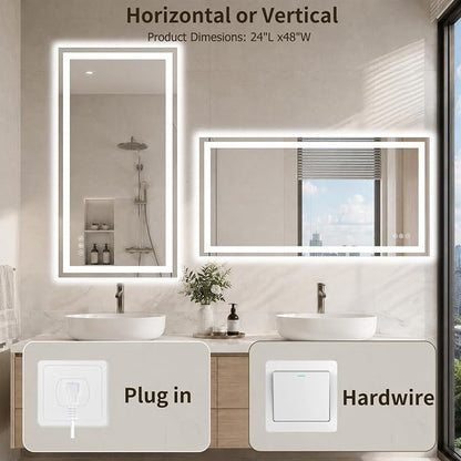 24"x48" LED Bathroom Mirror with Lights, Anti-Fog, Backlit+Frontlit | CRI 95, Stepless Dimmable, 3 Colors Lighting, Shatterproof Tempered Glass, HD Reflection, Memory, (Horizontal/Vertical)