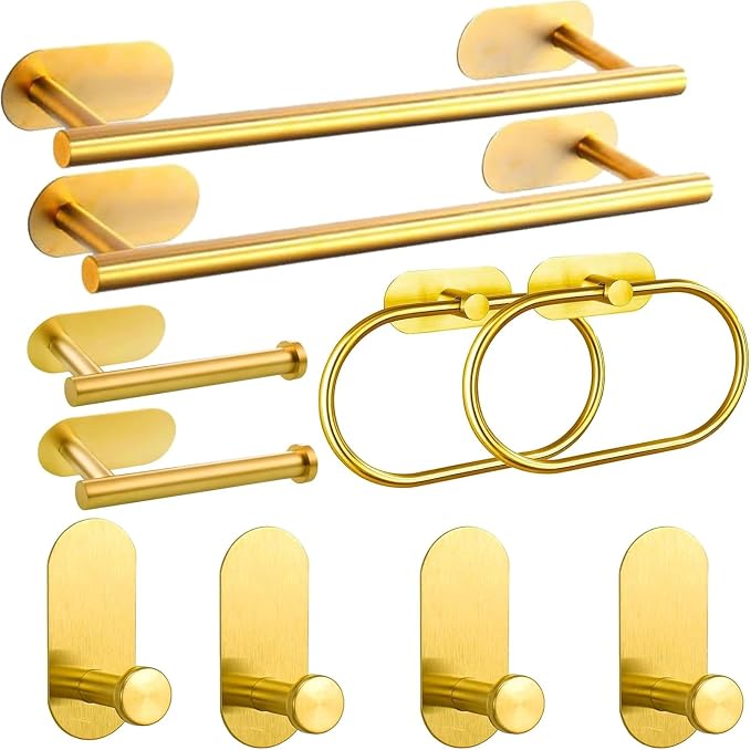 Bathroom Hardware Set, 16" Bathroom Towel Holder with Toilet Paper Holder, Towel Ring, Towel Hook, Bathroom Accessories for Kitchens, Laundry Rooms (10, Gold)