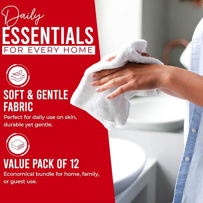 DAN RIVER 12 Pack Cotton Wash Cloths Set for Showering [12x12] Red | Lighter Weight, Quick to Dry, Super Soft & Absorbent Face Towels, Hotel Quality, Perfect for Bathroom, Gym, Spa