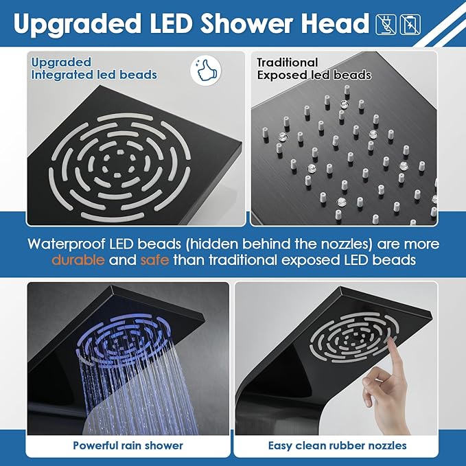 ROVOGO Unibody Shower Panel Tower with 4 Modes (Rainfall Shower, Body Jets, Handheld and Tub Spout), No Battery Needed Led Lights and Temp Display, 304 Stainless Steel Shower Column, Black