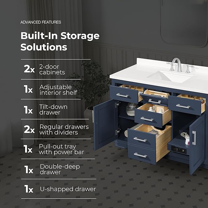 OVE Decors Bailey 48 in. Single Sink Freestanding Midnight Blue Bathroom Vanity with White Quartz Top, Matching Backsplash and Power Bar