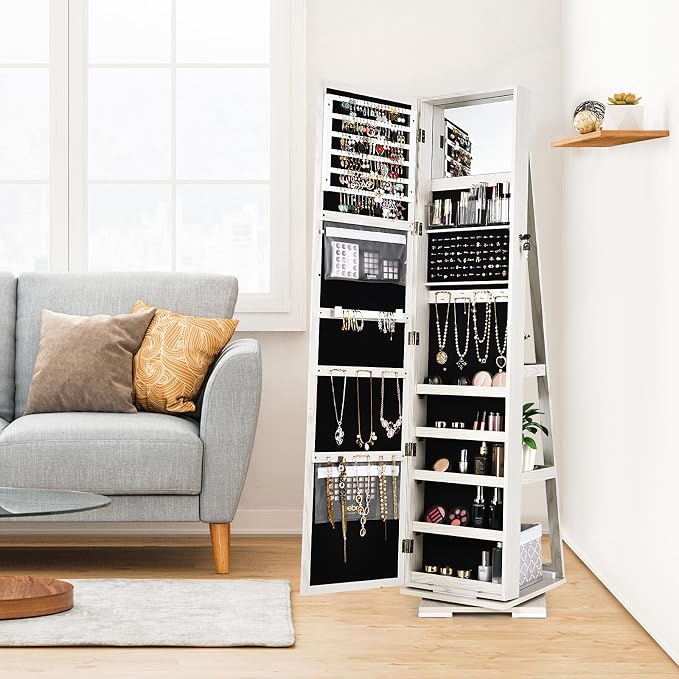 360° Rotating Jewelry Armoire, Freestanding Jewelry Cabinet with Inside Makeup Mirror, 2-in-1 Lockable Jewelry Organizer w/Full-Length Mirror for Women (Grayish White)