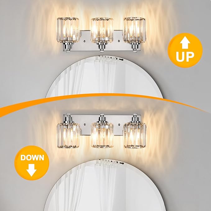 3 Lights Crystal Bathroom Vanity Light Modern Chrome Bathroom Light Fixture Bathroom Lighting Fixtures Over Mirror for Mirror E26 Base