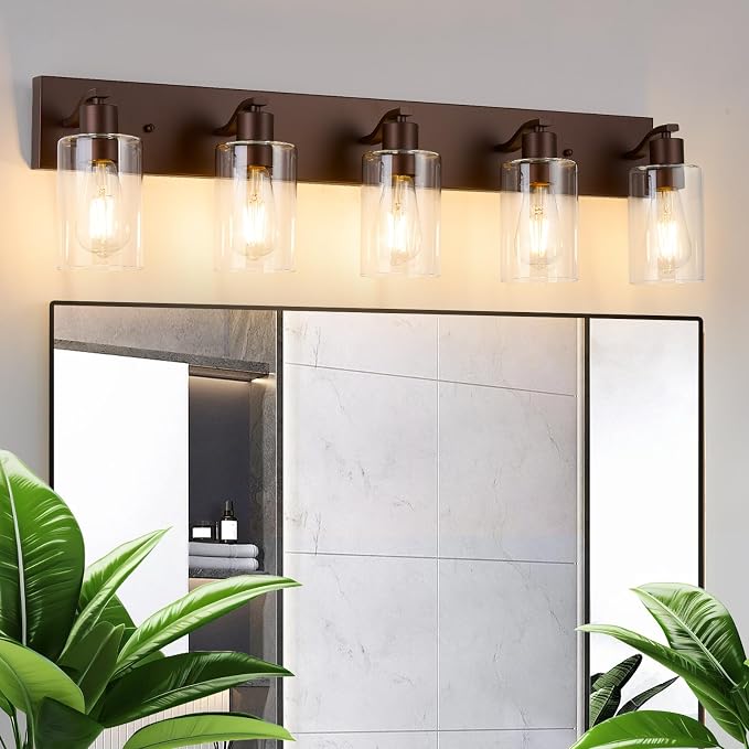 5 Lights Bathroom Light Fixtures Oil Rubbed Bronze Vanity Light with Clear Glass Shade 36in Modern Bathroom Lighting Fixtures Over Mirror for Bedroom/Living Room