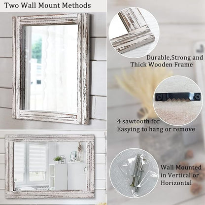 AAZZKANG Large Wall Mirrors 26"x18" Rustic Wood Mirror Rectangle Decorative for Farmhouse Bedroom Bathroom Living Room Dressing Room Home Entryway