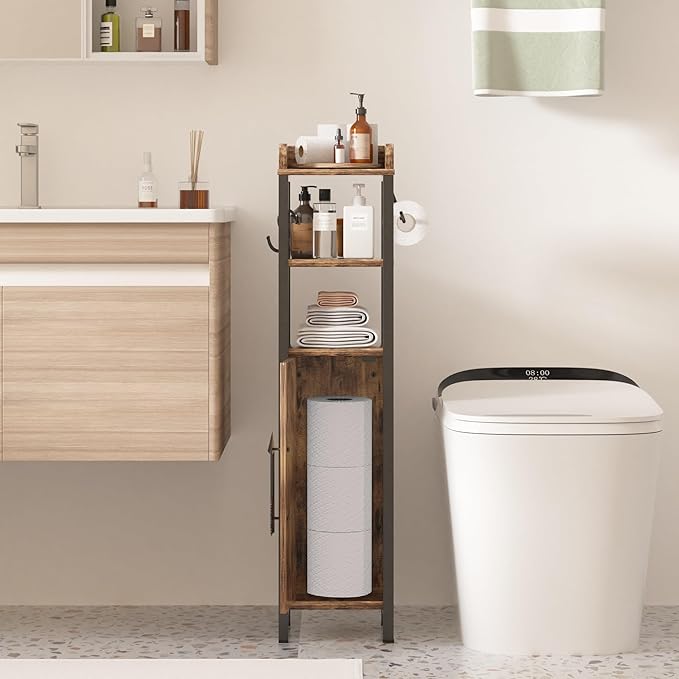VECELO Small Bathroom Storage Cabinet, Slim Toilet Paper Holder with Shelves & Metal Racks, Organizer Cabinet for Narrow Spaces, Rustic Brown, Farmhouse Style
