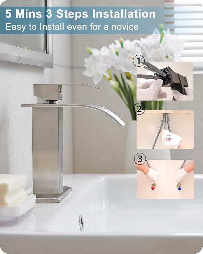Brushed Nickel Bathroom Faucet Single Handle, Brass Waterfall Bathroom Sink Faucet 1 Hole or 4 Inch 3 Hole Bathroom Faucets with Deck Plate & Pop-up Drain Supply Hose for Lavatory No Splashing